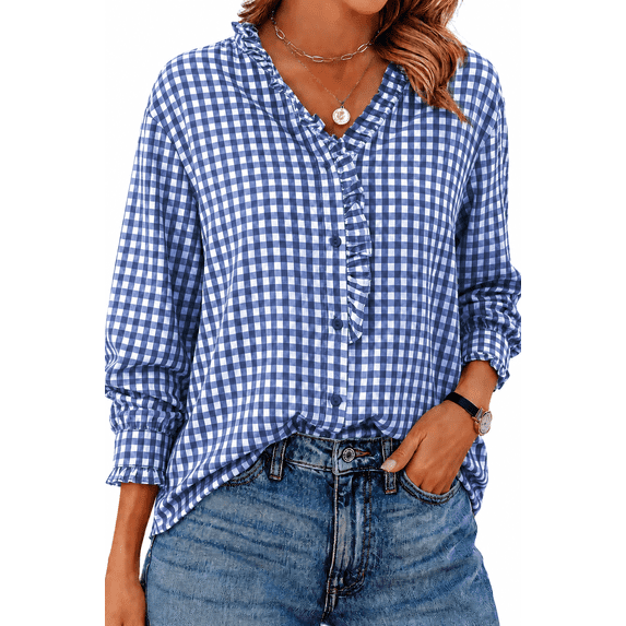 DOKOTOO Blouses for Women Plaid Button Down Ruffle V Neck Tunic Tops Casual Puff Long Sleeve Gingham Shirts S-2XL
