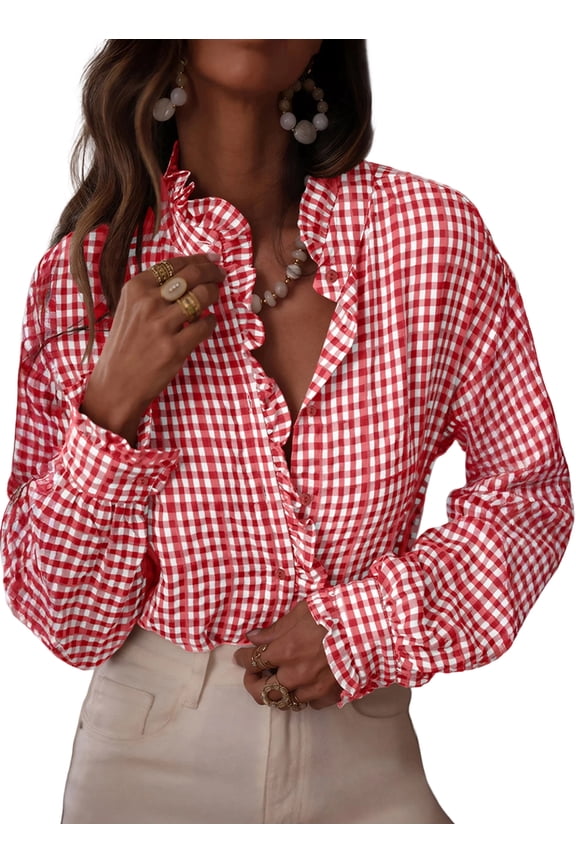 Blouses for Women Plaid Button Down Ruffle V Neck Tunic Tops Casual Puff Long Sleeve Gingham Shirts S-2XL