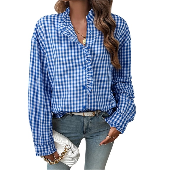 DOKOTOO Blouses for Women Plaid Button Down Ruffle V Neck Tunic Tops Casual Puff Long Sleeve Gingham Shirts S-2XL