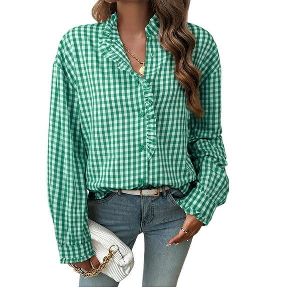 DOKOTOO Blouses for Women Plaid Button Down Ruffle V Neck Tunic Tops Casual Puff Long Sleeve Gingham Shirts S-2XL