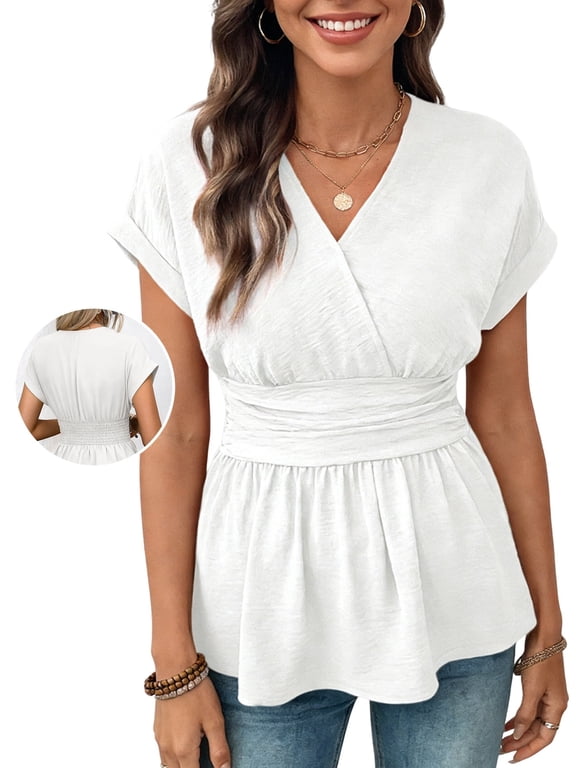 Blouses for Women Wrap V Neck Short Sleeve Smocked Waist Peplum Tunic Tops Casual Business Work Shirts