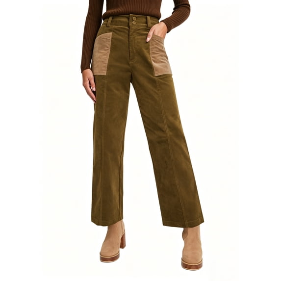 DOKOTOO Brown Pants for Women - Vintage Elastic Waist High-Waisted Straight Leg Workwear Pants