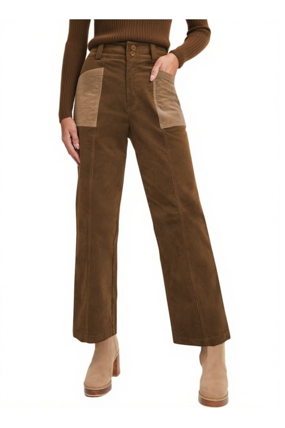 Brown Pants for Women - Vintage Elastic Waist High-Waisted Straight Leg Workwear Pants