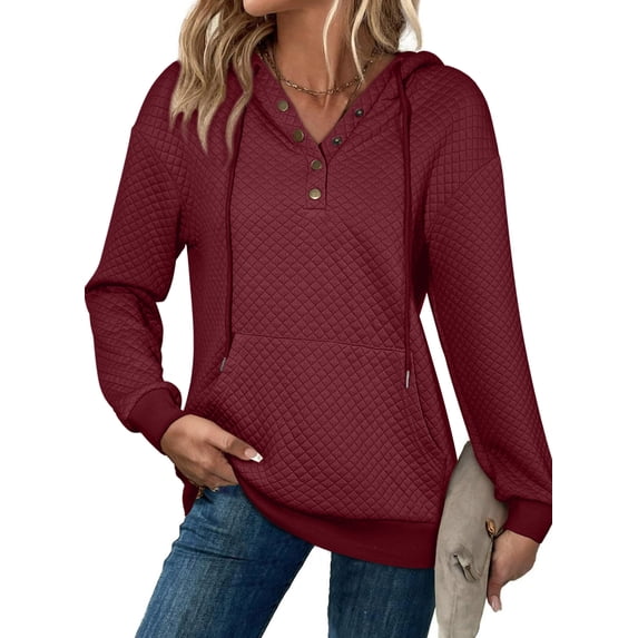 DOKOTOO Hooded Tops for Woman Drawstring Sweatshirts with Pockets Button Quilted Texture Pullover Hoodies Red M US8-10
