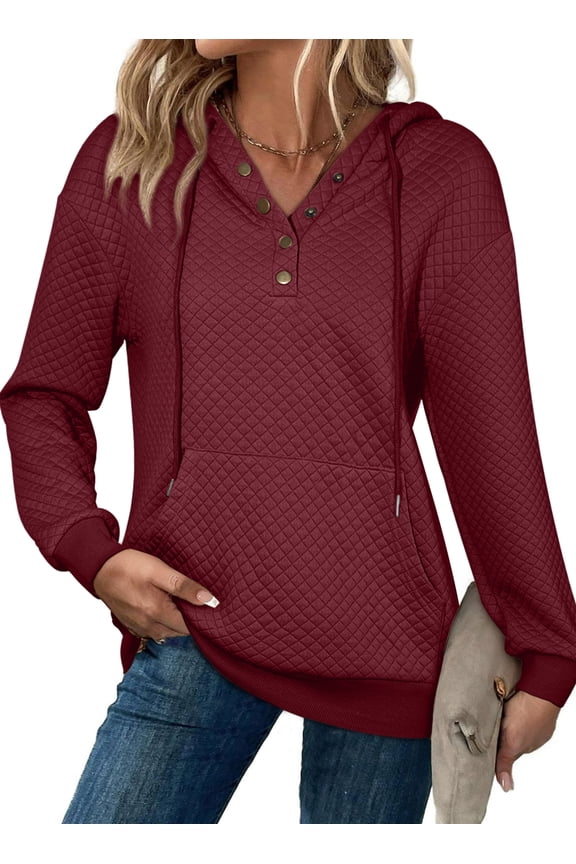 Women Hoodie Sweatshirt with Pockets Drop Shoulder Pullover Tops Drawstring Half Buttoned Tops Red XL US16-18