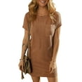 thumbnail image 1 of DOKOTOO Casual Dresses for Women Summer Round Neck T Shirt Mini Dresses Short Sleeve Ribbed Tshirt Dress Fashion Pocket Relaxed Fit T-shirt Beach Dresses Brown Size M US8-10, 1 of 9