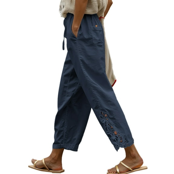 DOKOTOO Casual Pants for Women Drawstring Cotton Pants Lightweight Elastic Waist Pants Trouser with Pockets Size S