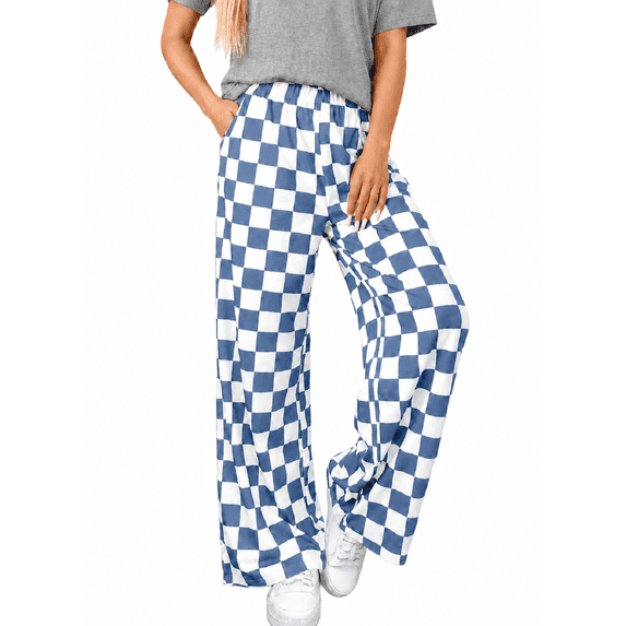 DOKOTOO Plaid Pants for Women Casual Wide Leg Pants Elastic Waist Loose Comfy Checkered Pants with Pockets