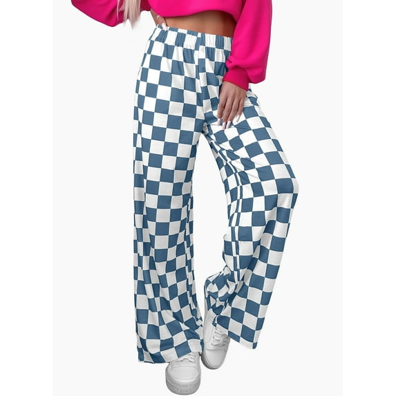 DOKOTOO Plaid Pants for Women Casual Wide Leg Pants Elastic Waist Loose Comfy Checkered Pants with Pockets