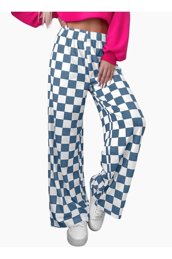 Plaid Pants for Women Casual Wide Leg Pants Elastic Waist Loose Comfy Checkered Pants with Pockets