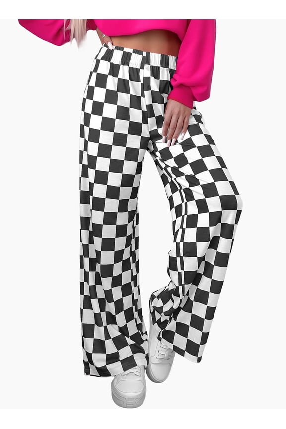 Plaid Pants for Women Casual Wide Leg Pants Elastic Waist Loose Comfy Checkered Pants with Pockets