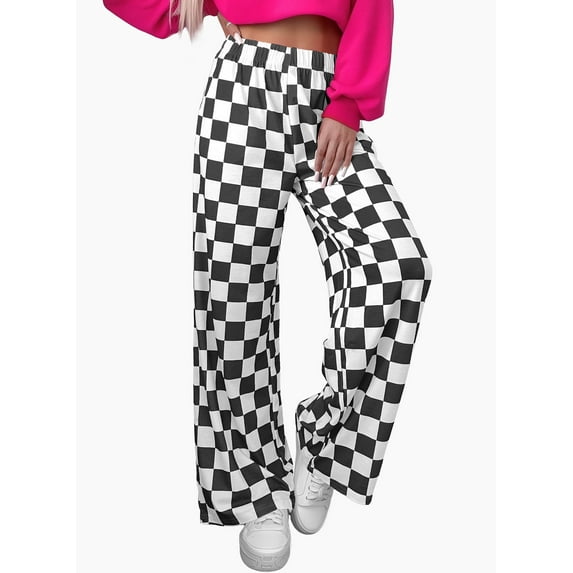DOKOTOO Plaid Pants for Women Casual Wide Leg Pants Elastic Waist Loose Comfy Checkered Pants with Pockets