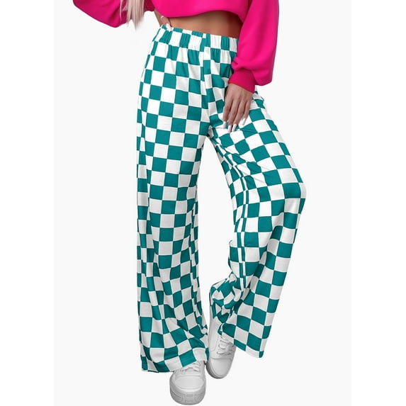 DOKOTOO Plaid Pants for Women Casual Wide Leg Pants Elastic Waist Loose Comfy Checkered Pants with Pockets