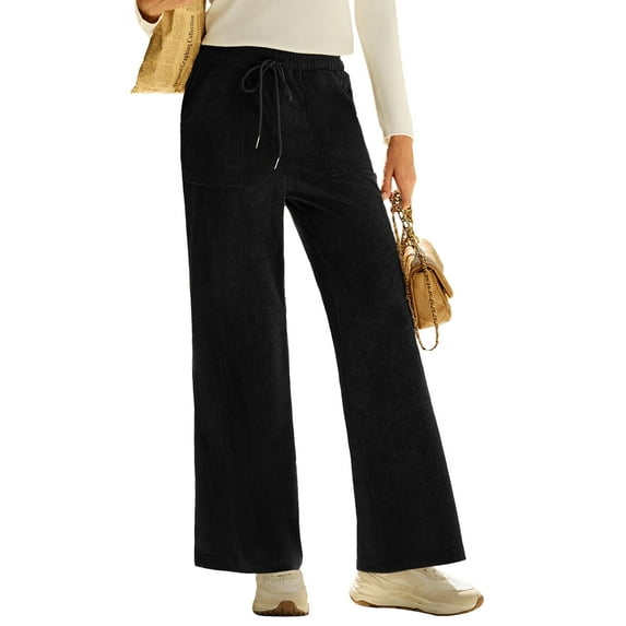 DOKOTOO Corduroy Pants for Womens Casual High Waisted Drawstring Wide Leg Pants Trousers with Pockets