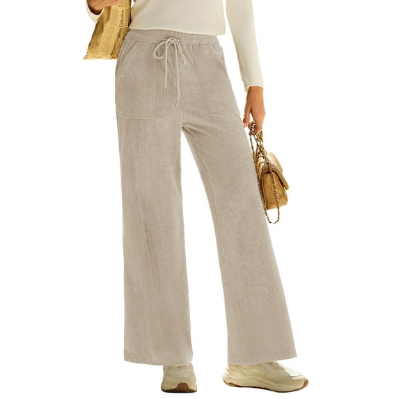 DOKOTOO Corduroy Pants for Womens Casual High Waisted Drawstring Wide Leg Pants Trousers with Pockets