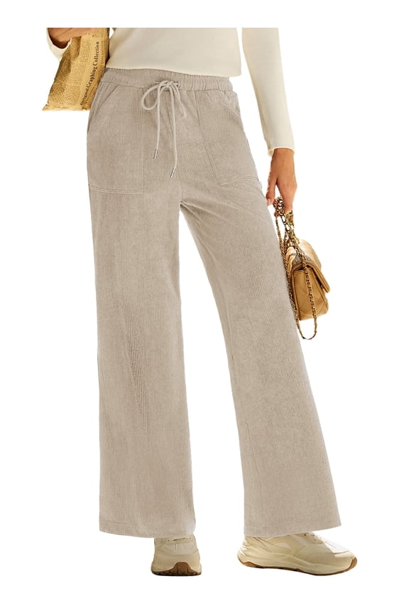 Corduroy Pants for Womens Casual High Waisted Drawstring Wide Leg Pants Trousers with Pockets