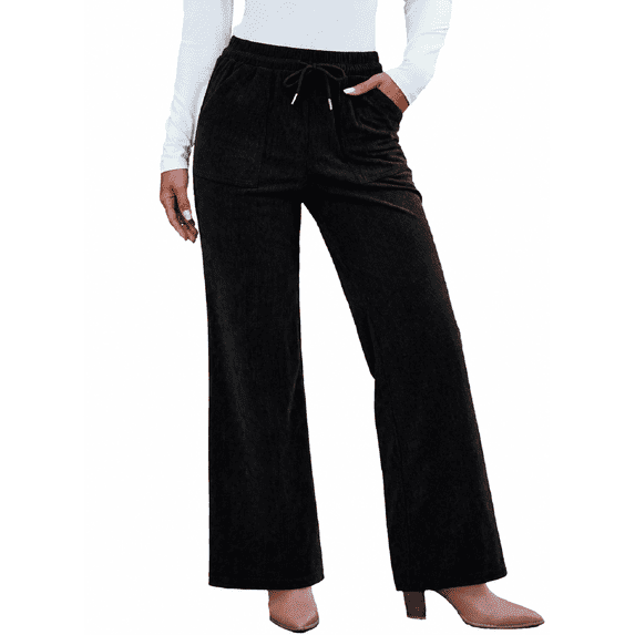 DOKOTOO Corduroy Pants for Womens Casual High Waisted Drawstring Wide Leg Pants Trousers with Pockets