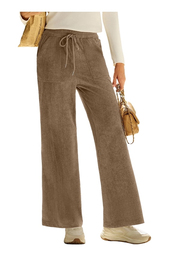 Corduroy Pants for Womens Casual High Waisted Drawstring Wide Leg Pants Trousers with Pockets