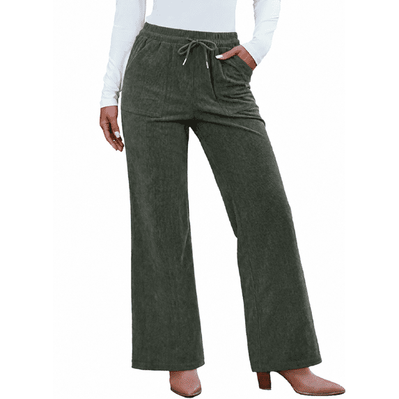 DOKOTOO Corduroy Pants for Womens Casual High Waisted Drawstring Wide Leg Pants Trousers with Pockets