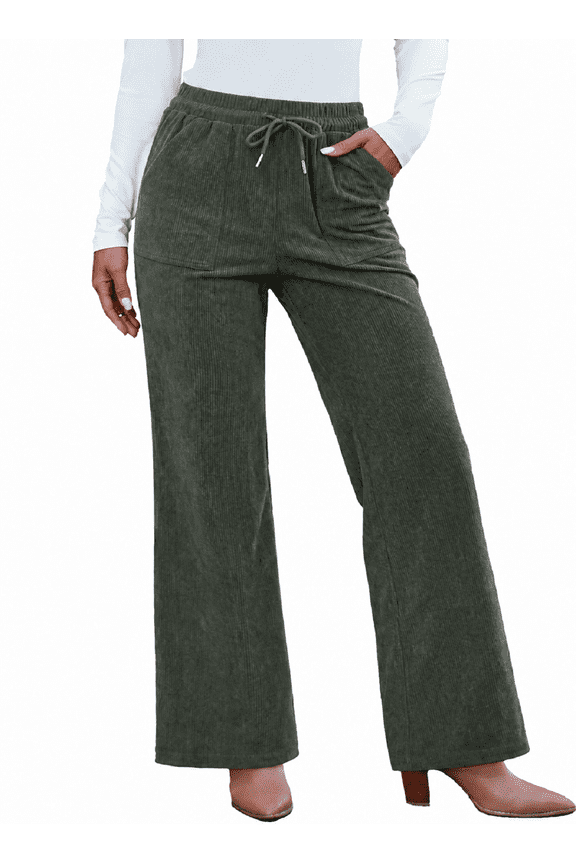 Corduroy Pants for Womens Casual High Waisted Drawstring Wide Leg Pants Trousers with Pockets