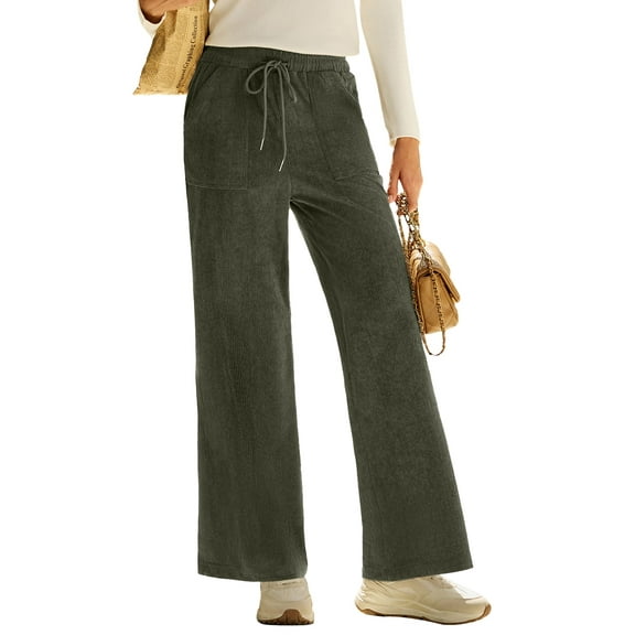 DOKOTOO Corduroy Pants for Womens Casual High Waisted Drawstring Wide Leg Pants Trousers with Pockets