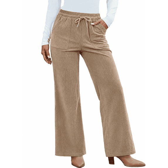 DOKOTOO Corduroy Pants for Womens Casual High Waisted Drawstring Wide Leg Pants Trousers with Pockets