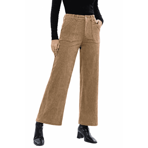 DOKOTOO Womens Casual Straight Leg Corduroy Pants High Waisted Trousers with Front Button Relaxed Fit Work Office Pants S-2XL