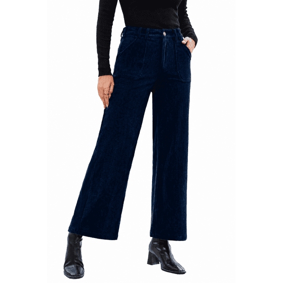DOKOTOO Womens Corduroy Pants High Waist Straight Leg Pants Fall Winter Button Soft Ribbed Casual Trousers with Pockets S-2XL