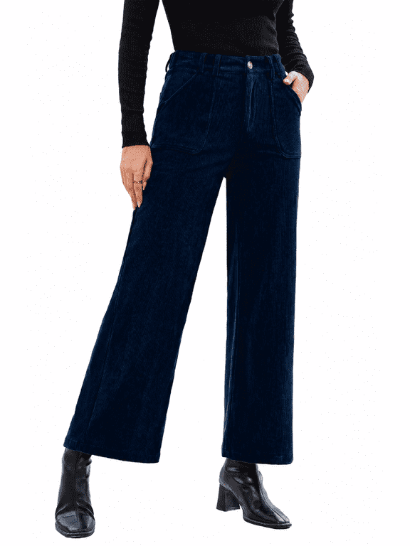 Womens Corduroy Pants High Waist Straight Leg Pants Fall Winter Button Soft Ribbed Casual Trousers with Pockets S-2XL