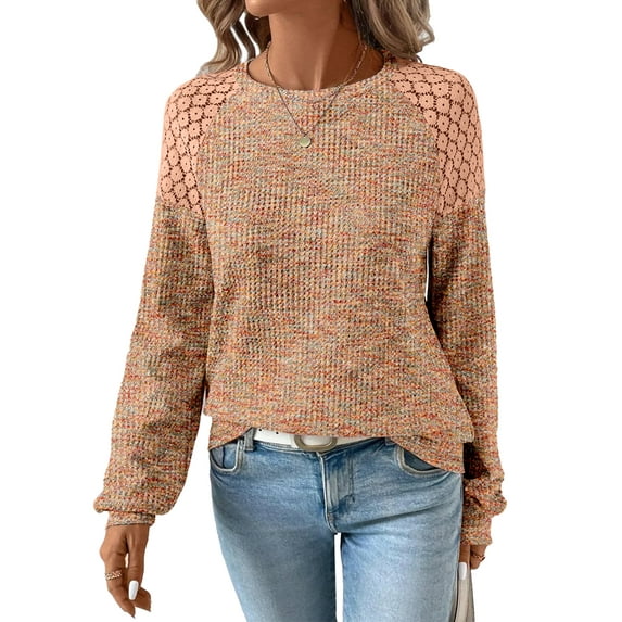 DOKOTOO Fall Tops for Women Crew Neck Stretchy Pullover Waffle Knit Lace Casual Raglan Long Sleeve Shirts Loose Fit Soft Blouses