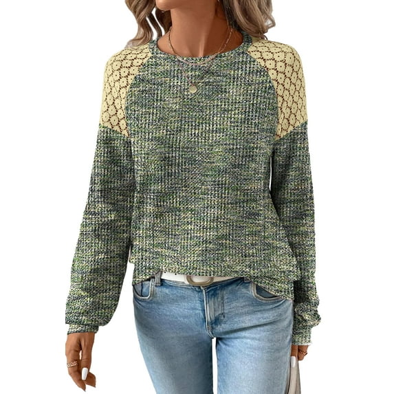 DOKOTOO Fall Tops for Women Crew Neck Stretchy Pullover Waffle Knit Lace Casual Raglan Long Sleeve Shirts Loose Fit Soft Blouses