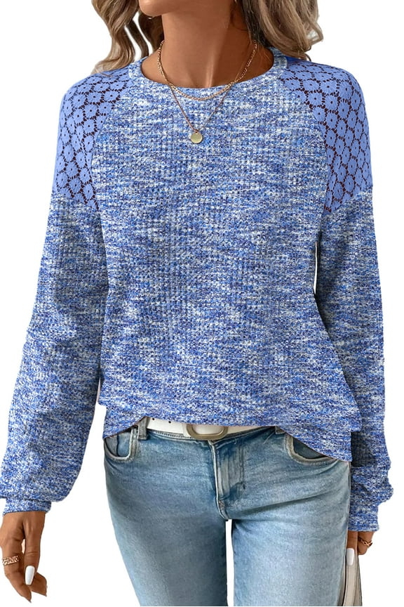 Fall Tops for Women Crew Neck Stretchy Pullover Waffle Knit Lace Casual Raglan Long Sleeve Shirts Loose Fit Soft Blouses