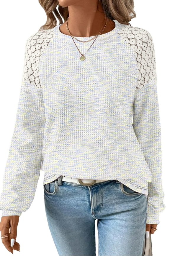 Fall Tops for Women Crew Neck Stretchy Pullover Waffle Knit Lace Casual Raglan Long Sleeve Shirts Loose Fit Soft Blouses