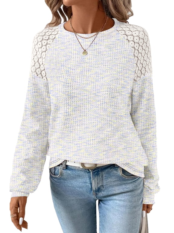 Fall Tops for Women Crew Neck Stretchy Pullover Waffle Knit Lace Casual Raglan Long Sleeve Shirts Loose Fit Soft Blouses