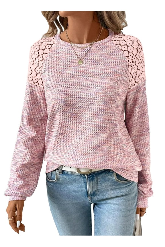 Fall Tops for Women Crew Neck Stretchy Pullover Waffle Knit Lace Casual Raglan Long Sleeve Shirts Loose Fit Soft Blouses