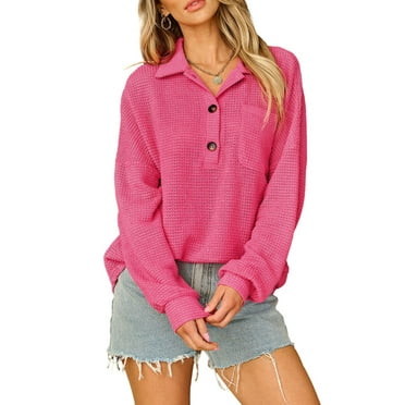 DOKOTOO Henley Long Sleeve Shirts for Women Casual V Neck Tunic Tops Fall Knit Blouses Lightweight Pullover Pink