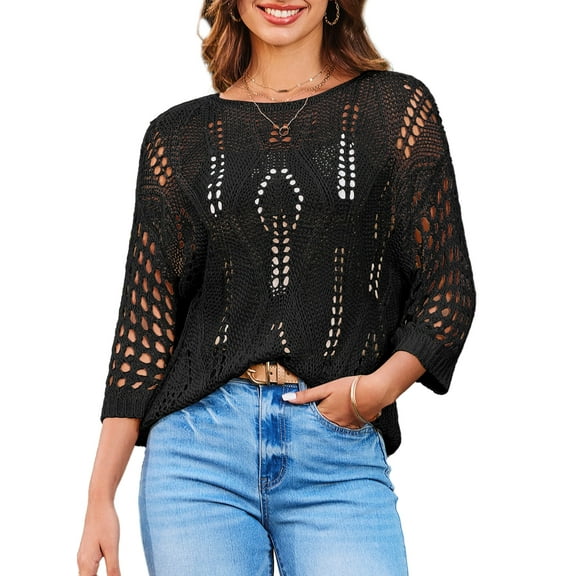 DOKOTOO Hollow Out Tops for Women Summer 3/4 Sleeve Knit Tops Lightweight Crewneck Crochet Shirts