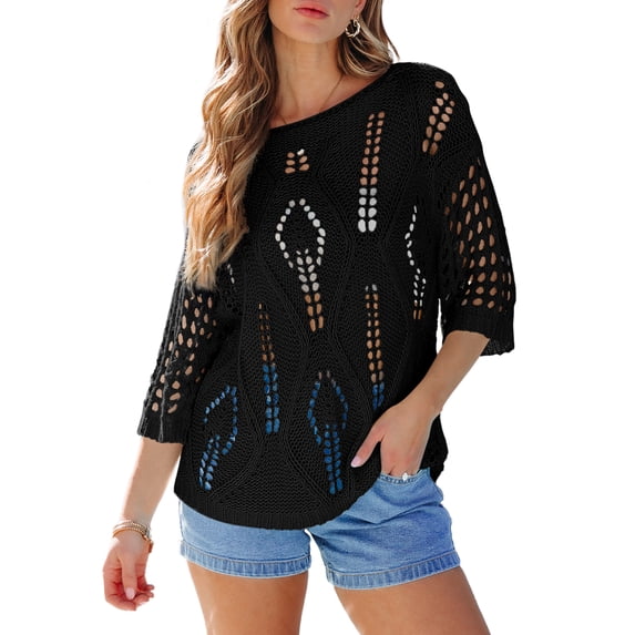 DOKOTOO Beach Cover Ups for Women Hollow Out Tops Summer 3/4 Sleeve Knit Tops Lightweight Crewneck Crochet Shirts