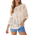 thumbnail image 1 of DOKOTOO Swimsuit Coverup for Women Hollow Out Tops Summer 3/4 Sleeve Knit Tops Lightweight Crewneck Crochet Shirts, 1 of 8