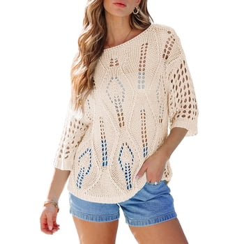 DOKOTOO Swimsuit Coverup for Women Hollow Out Tops Summer 3/4 Sleeve Knit Tops Lightweight Crewneck Crochet Shirts