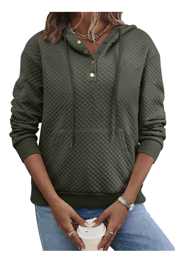 Pullover Hoodies for Woman Drop Shoulder Hooded Sweatshirts Casual Buttoned Pullover Tops Green L US12-14