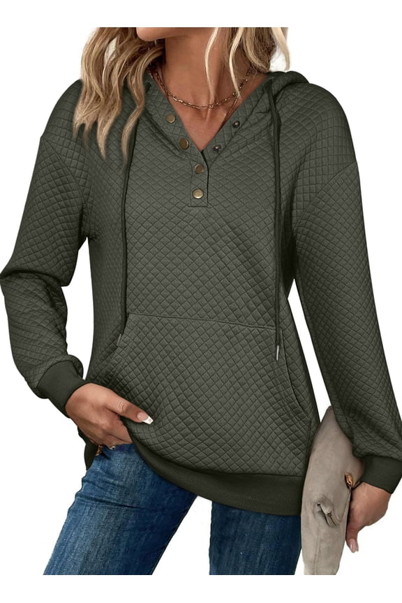 Pullover Hoodies for Woman Drop Shoulder Hooded Sweatshirts Casual Buttoned Pullover Tops Green L US12-14