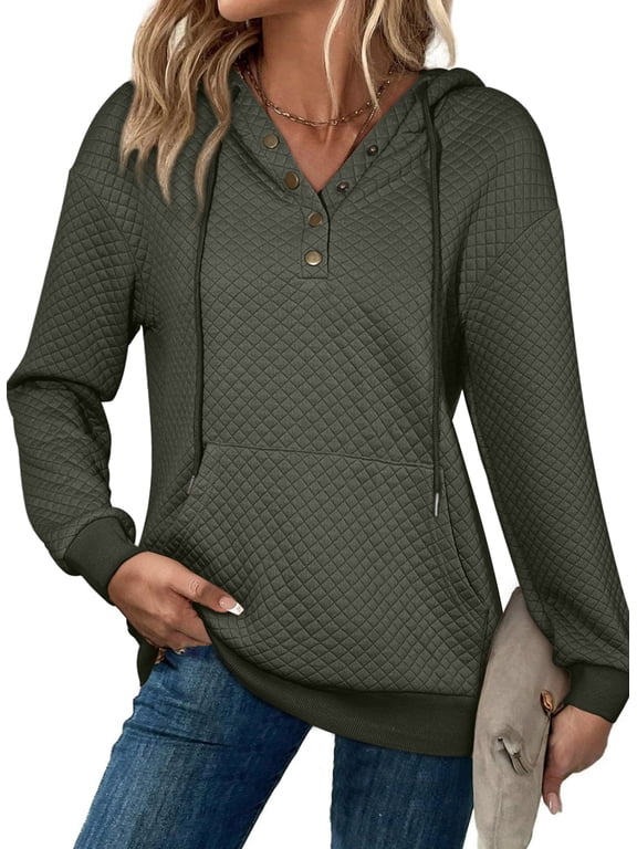 Pullover Hoodies for Woman Drop Shoulder Hooded Sweatshirts Casual Buttoned Pullover Tops Green L US12-14