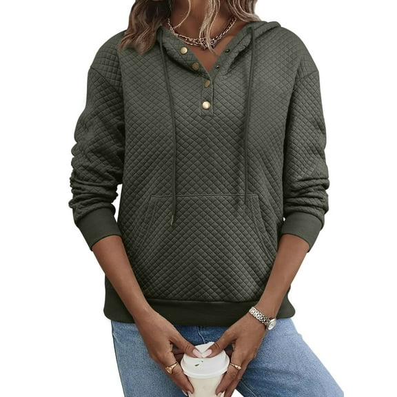 DOKOTOO Women Hoodie Sweatshirt with Pockets Drop Shoulder Pullover Tops Drawstring Half Buttoned Tops Green XL US16-18