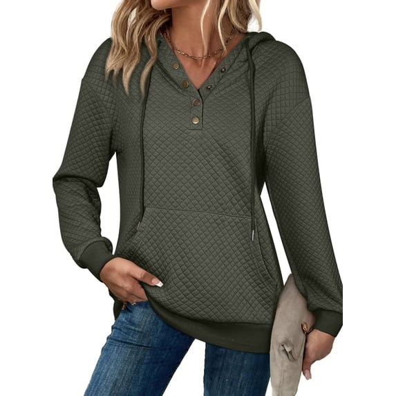 DOKOTOO Women Hoodie Sweatshirt with Pockets Drop Shoulder Pullover Tops Drawstring Half Buttoned Tops Green XL US16-18