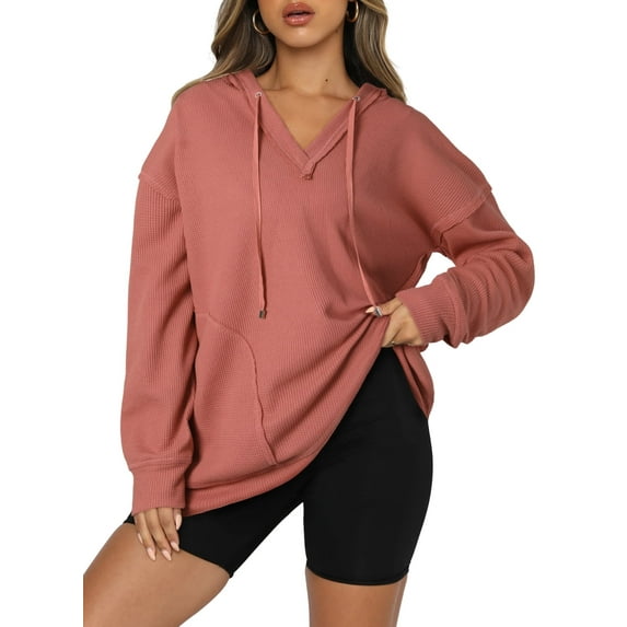 DOKOTOO Women Hoodies Oversized Drawstring Waffle Hooded Sweatshirt Casual Long Sleeve V Neck Waffle Knit Tops S-2XL