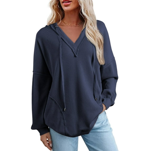 DOKOTOO Hoodies for Women Oversized Sweatshirts Casual Long Sleeve V Neck Waffle Hooded Sweatshirt S-2XL