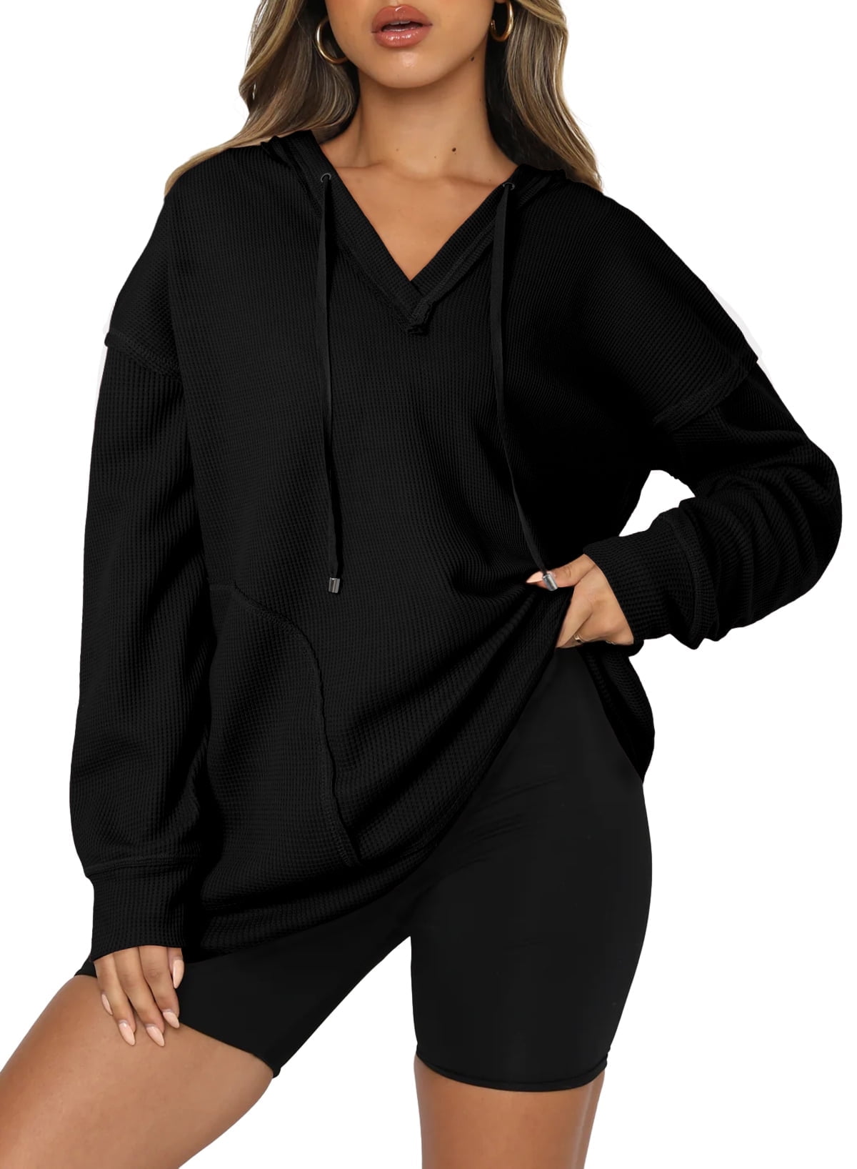 DOKOTOO Womens Hoodies Oversized Fall Casual Waffle Hooded Sweatshirt Long Sleeve V Neck Drawstring Knit Tops S-2XL