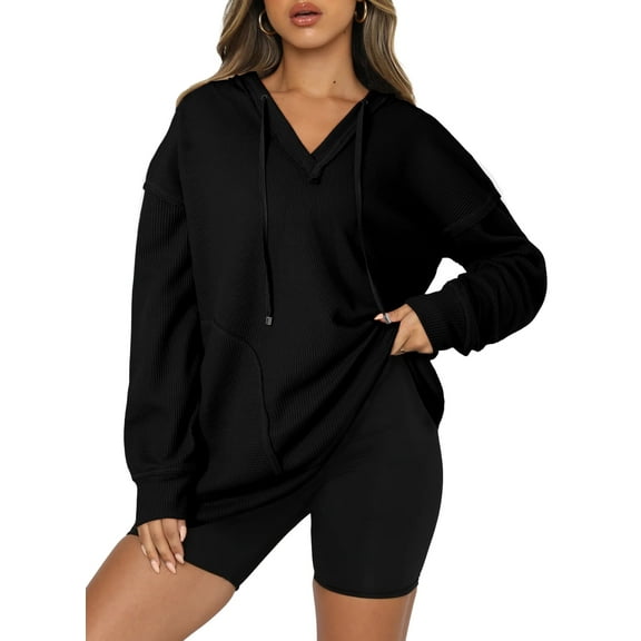 DOKOTOO Womens Hoodie Oversized Sweatshirts Casual Long Sleeve V Neck Drawstring Waffle Knit Tops S-2XL