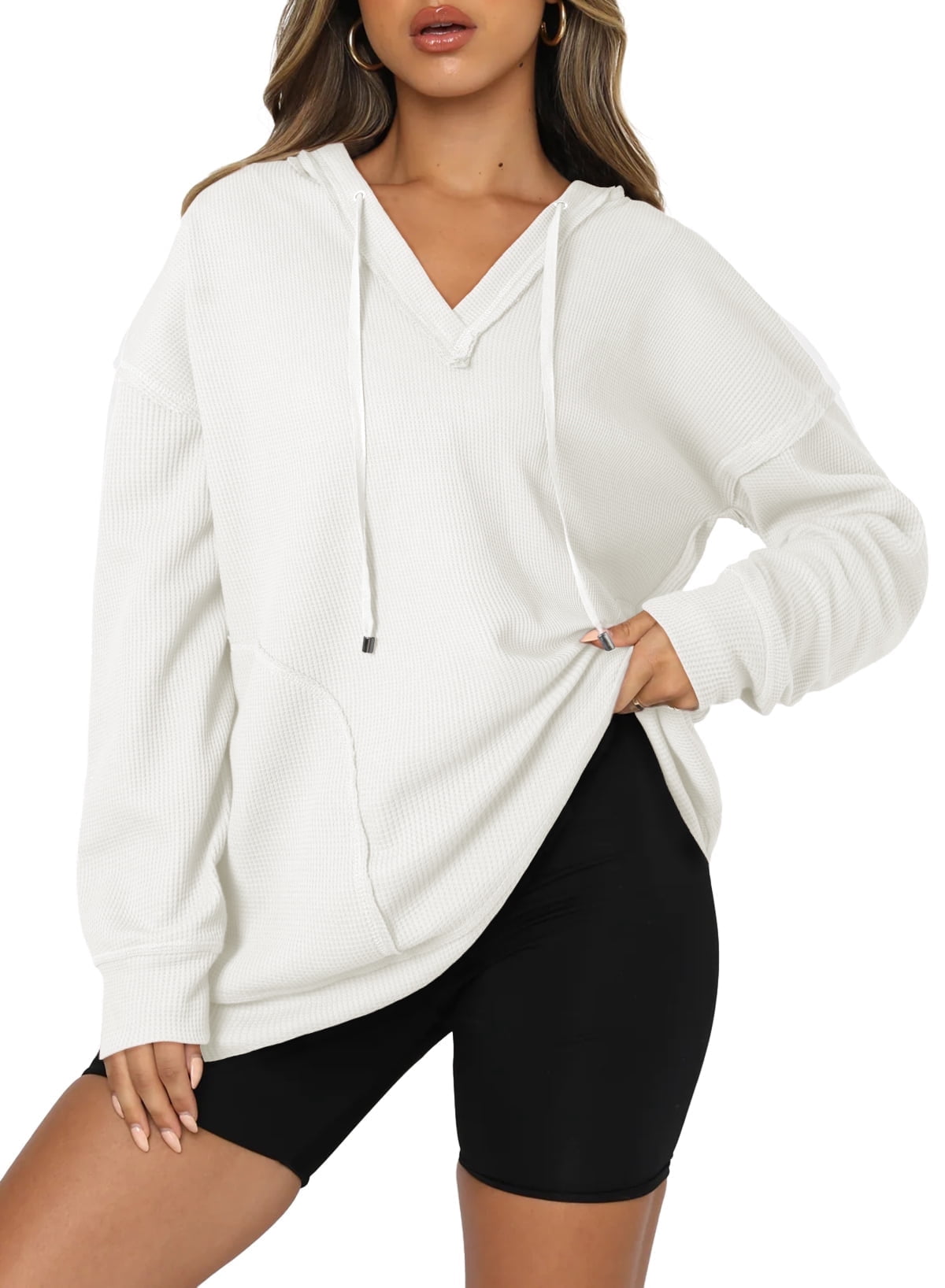 DOKOTOO Women Hoodies Oversized Drawstring Waffle Hooded Sweatshirt Casual Long Sleeve V Neck Waffle Knit Tops S-2XL
